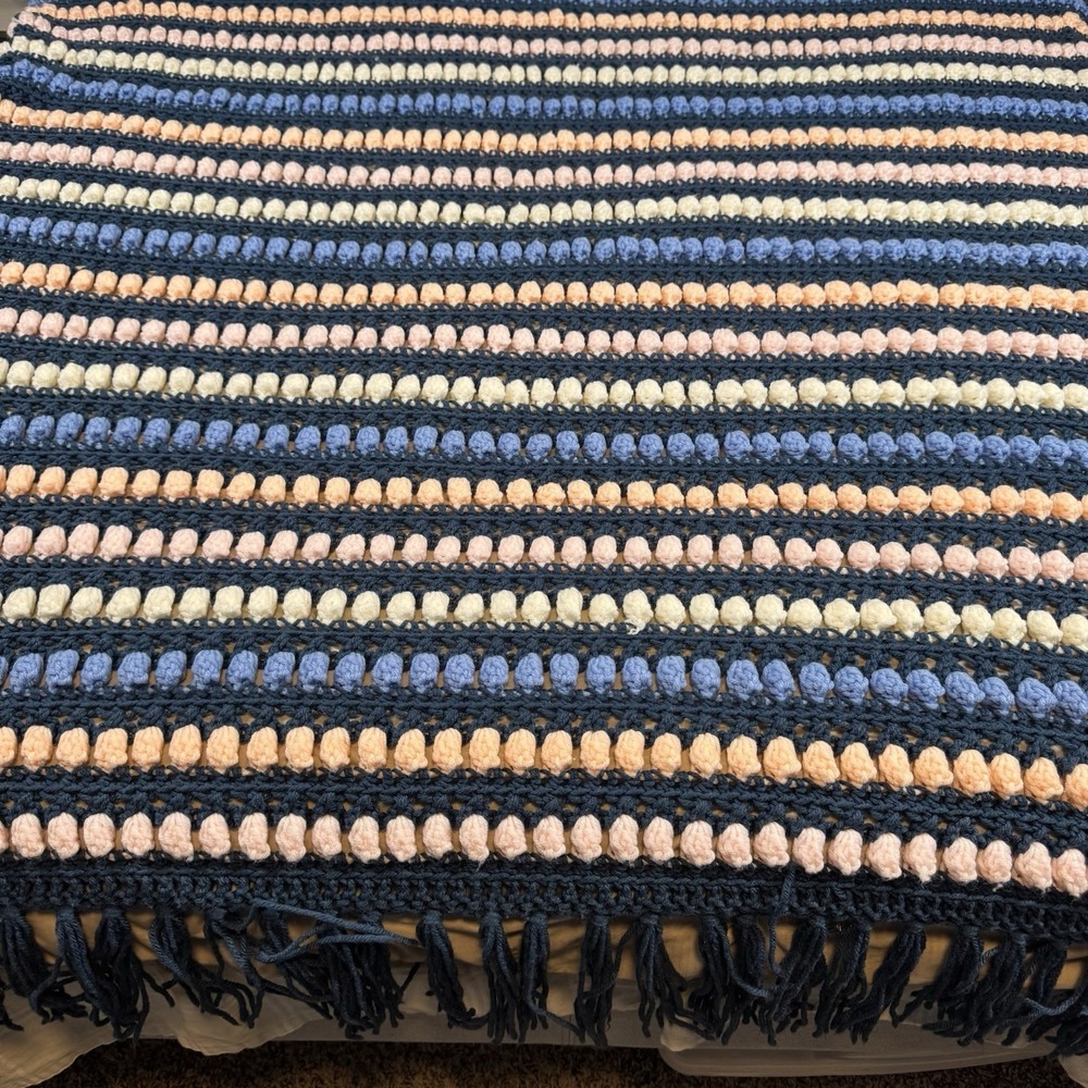 Vtg Colorful Fringe Bobble Crochet Knit Heavy Blanket Afghan 76"x 60" Reversible